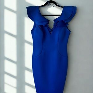 Eliza J Ruffle Shoulder Sleeveless Cocktail Dress in Elegant Blue